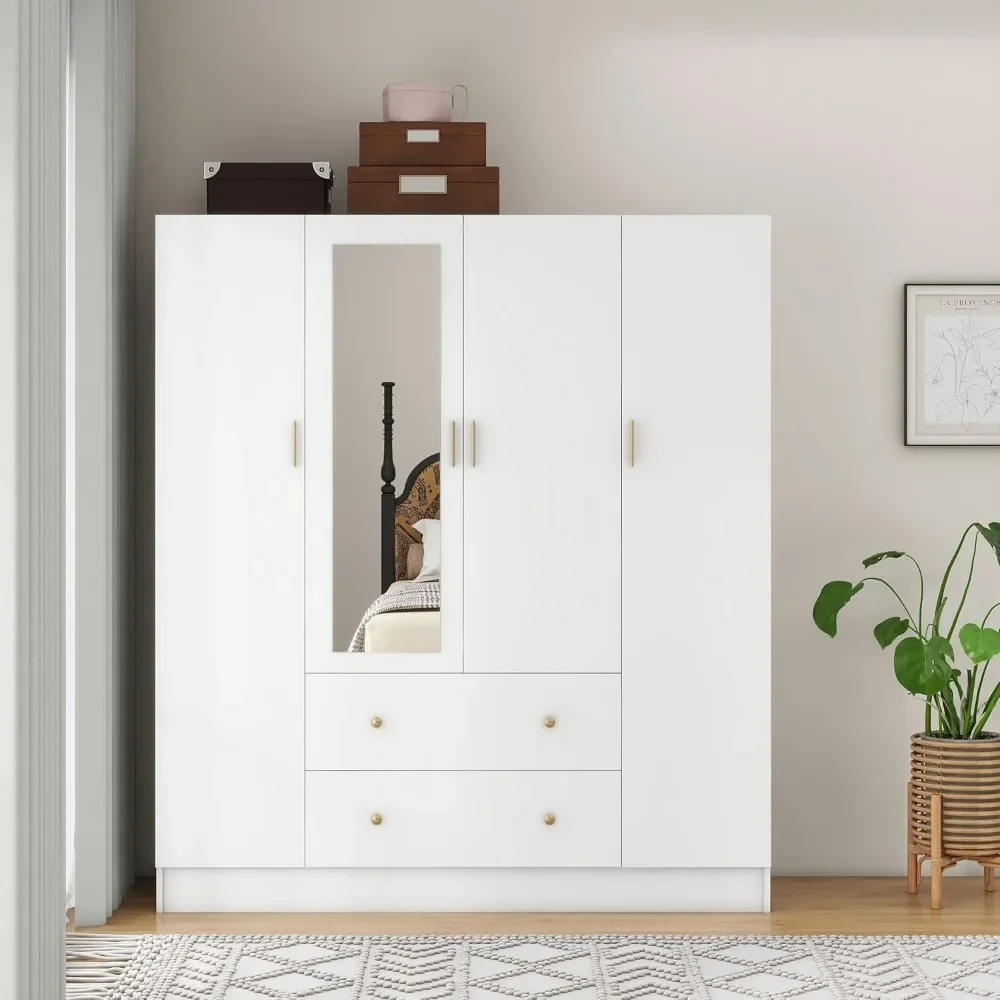 

Bedroom Armoires Wardrobe Closet with 4 Doors 2 Drawers and Mirror, Large Shelves Hanging Rods for Bedroom, 62.7Wx19.7Dx70.8 H