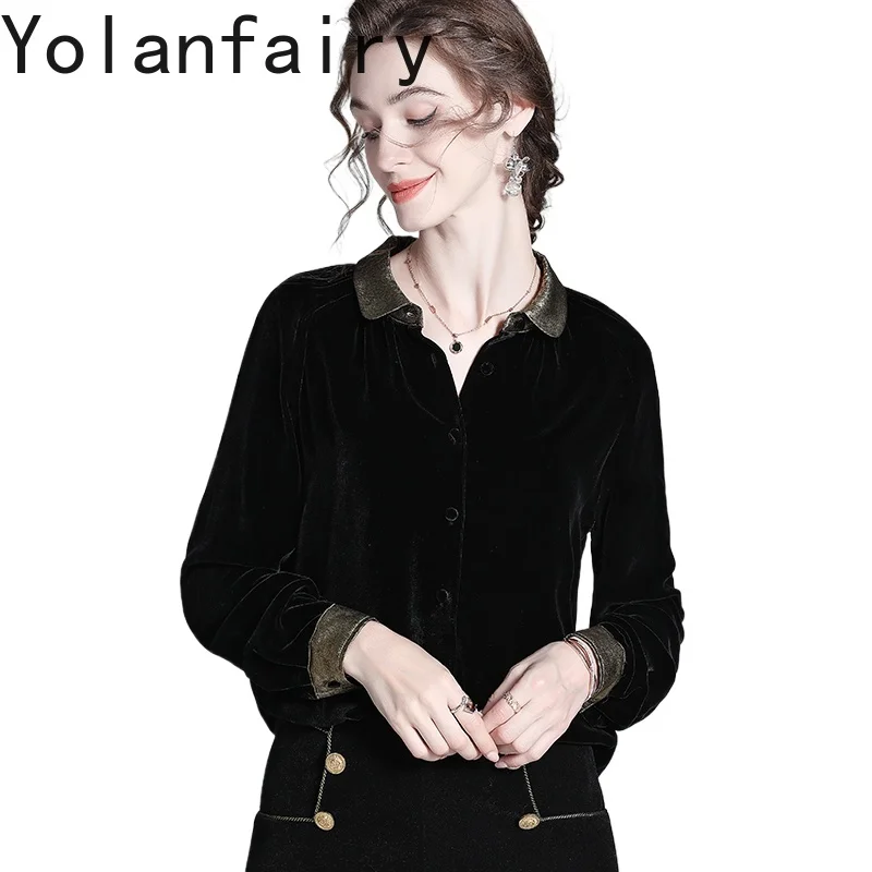

YOLANFAIRY, бархатные рубашки из натурального шелка для женщин, ранняя осень 2024, женский черный топ, рубашки с длинными рукавами в европейском стиле, элегантная рубашка