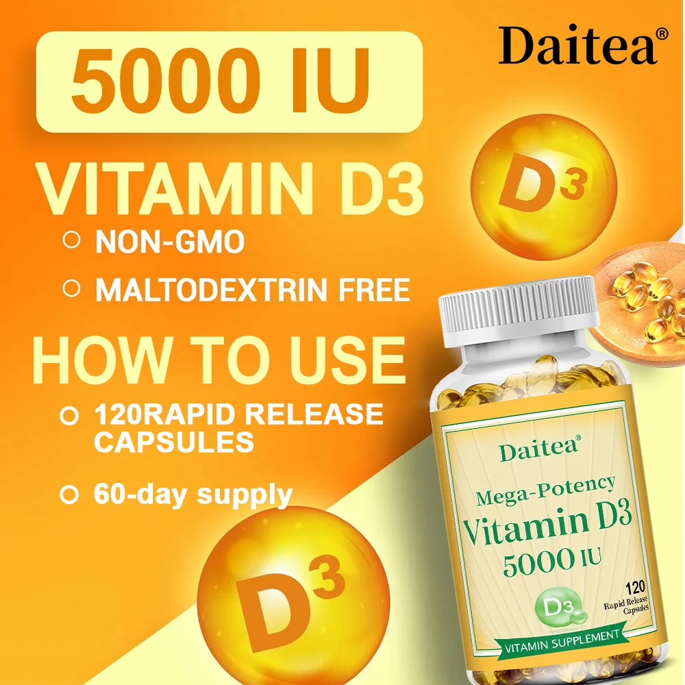 Vitamin D3 50000IU - Muscle Health, Strong Bones and Nervous System Health, Support Immune, 120 Vegetarian Capsules