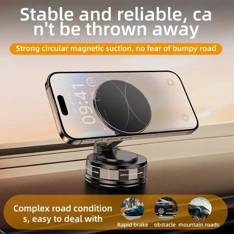 Upgraded Aluminum Alloy Vacuum Magnetic Car Phone Holder with 360° Rotation & Foldable Design Strong Magnetic Absorption
