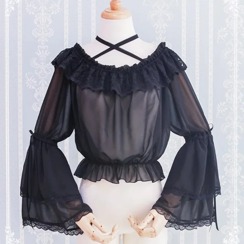 

Lolita Chiffon Long Sleeve Blouse Women Cute Lace Slash Neck Halter Solid Sheer Waist Crop Top Fairy Elegant Y2k Shirts