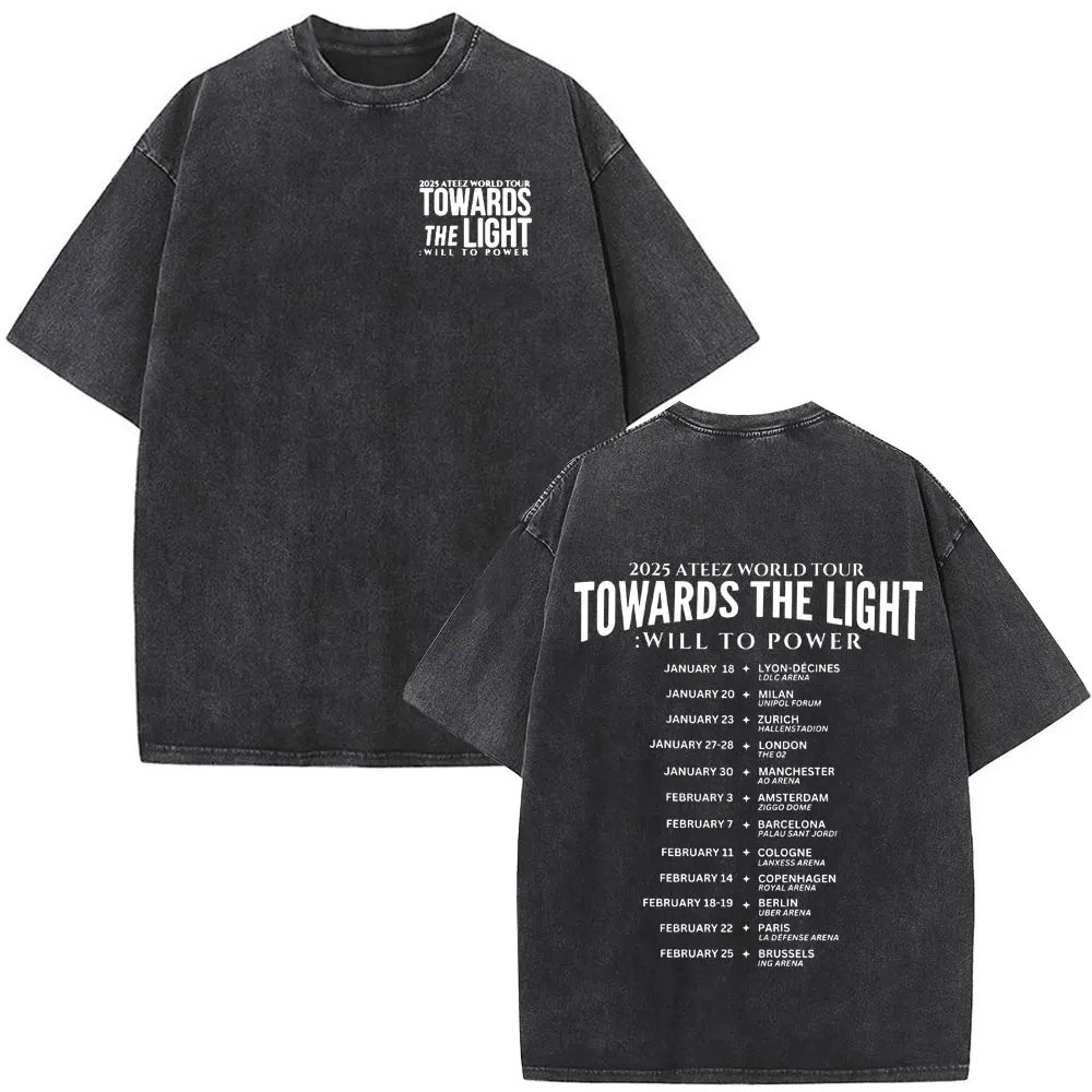 2025 Ateez World Tour Towards The Light: Will To Power Washed T-shirts Men Women Korean Kpop Fashion T Shirt Cotton Cozy T-shirt
