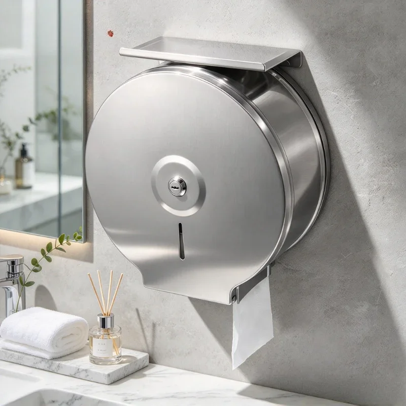 Stainless Steel Toilet Paper Holder with Shelf, Wall Mounted Jumbo Roll Dispenser for Bathroom and Home, Rust Resistant