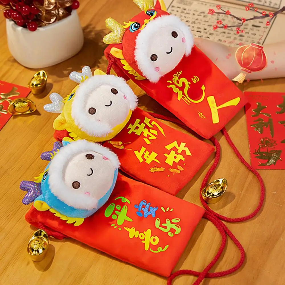 Year of 2024 Dragon Doll Red Envelope Cartoon Zodiac Dragon Mini Lucky Crossbody Bag Chinese New Year Plush Lucky Bag Coin Purse