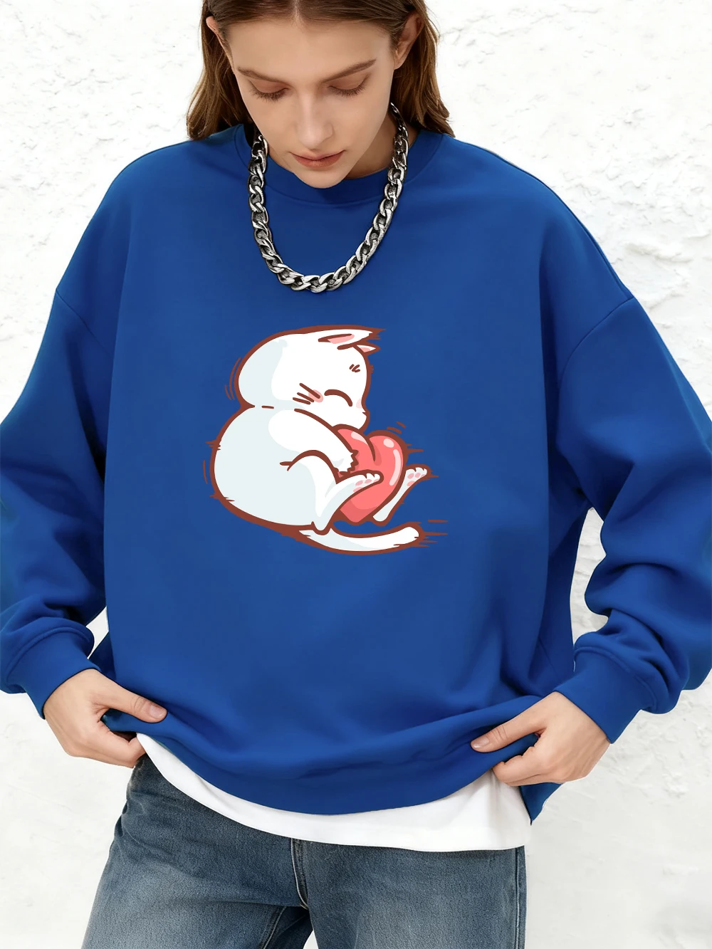 Embrace Red Heart Cat Prints Sweatshirt Women Casual Loose Jogger Hoodie Autumn Long Sleeves Warm Tops Crewneck Woman Clothes