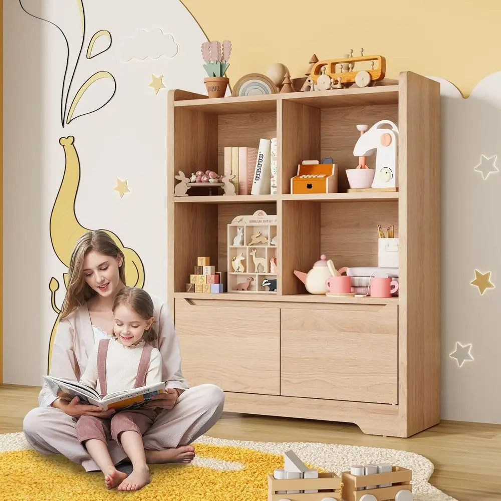 رف كتب للأطفال ومنظم ألعاب، رف كتب للأطفال من طبقتين لغرف الأطفال مع بابين، منظم تخزين 4 مكعبات، بوو خشبي للأطفال