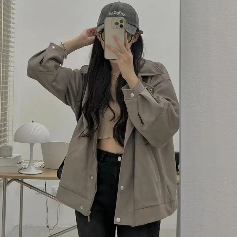 سترة ريترو شيك بأكمام طويلة ملابس خارجية قصيرة للنساء فضفاضة بتصميم جيب مزدوج وياقة بأزرار معطف خريفي عصري #5