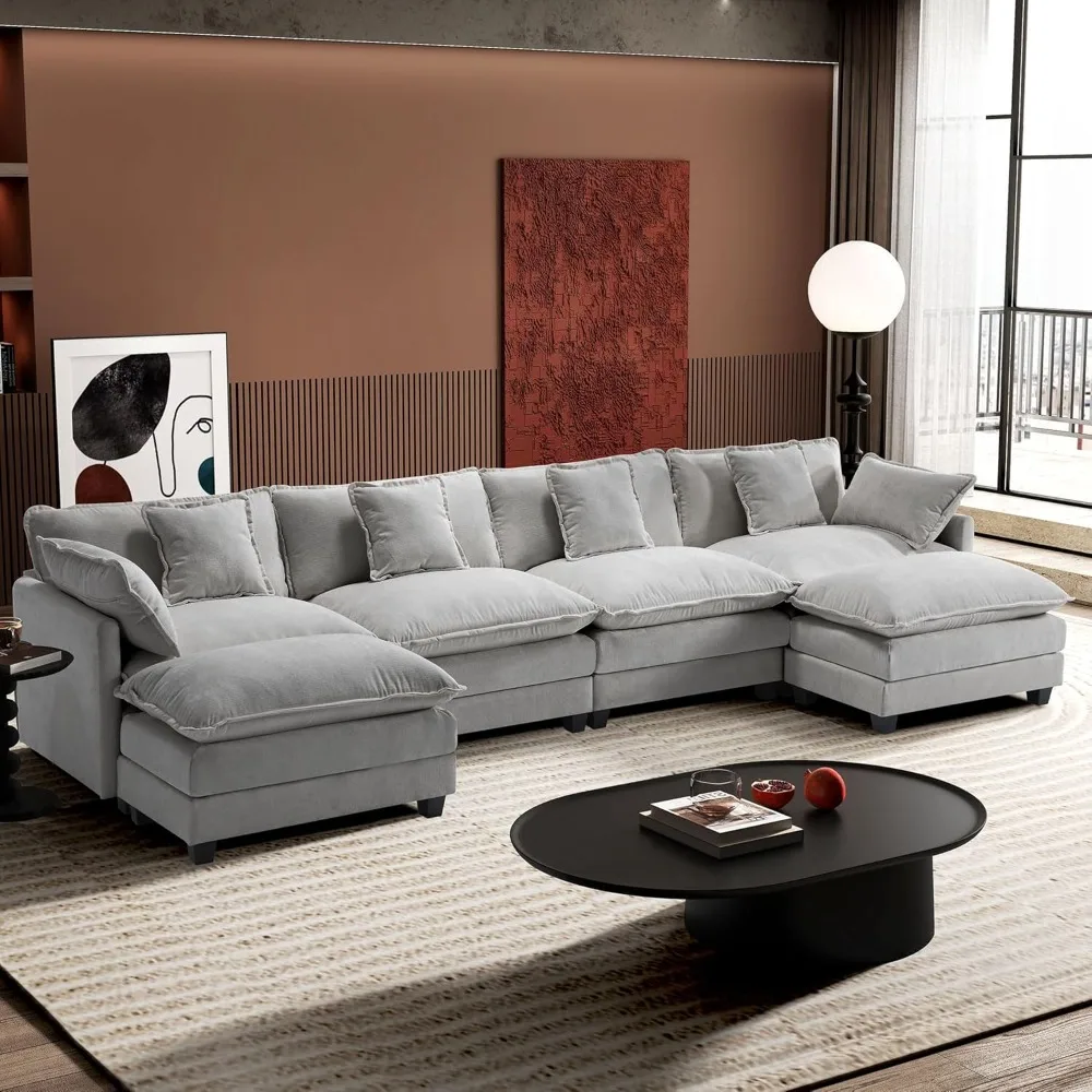 Sofa  Cloud Couch with 2 Ottoman, 6-Seat Chenille Deep Seat Sofa with 6 Pillows for Living Room
