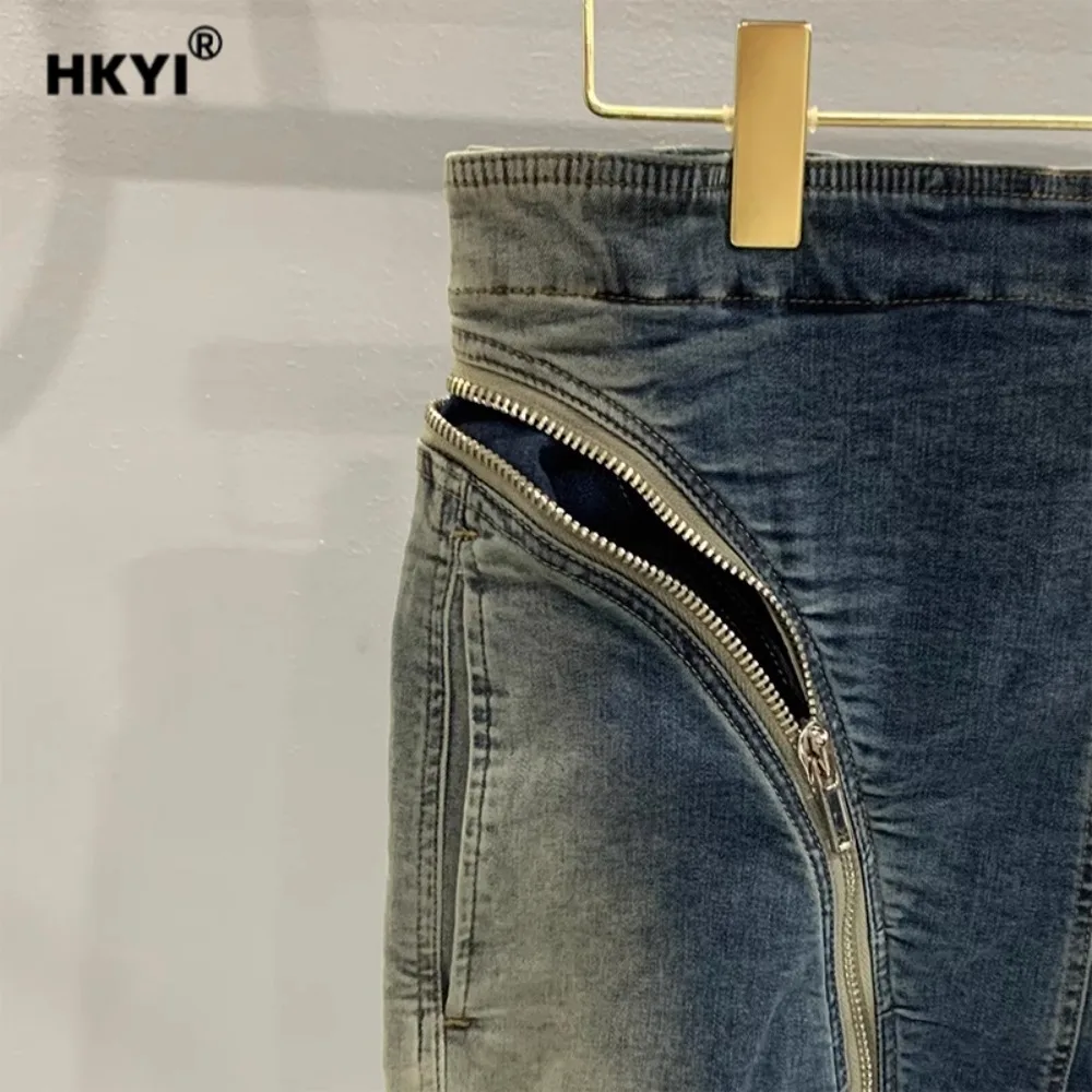 HKYI mens jeans diagonal zipper washed gradient denim shorts for men's high street wear, drop crotch five quarter pants