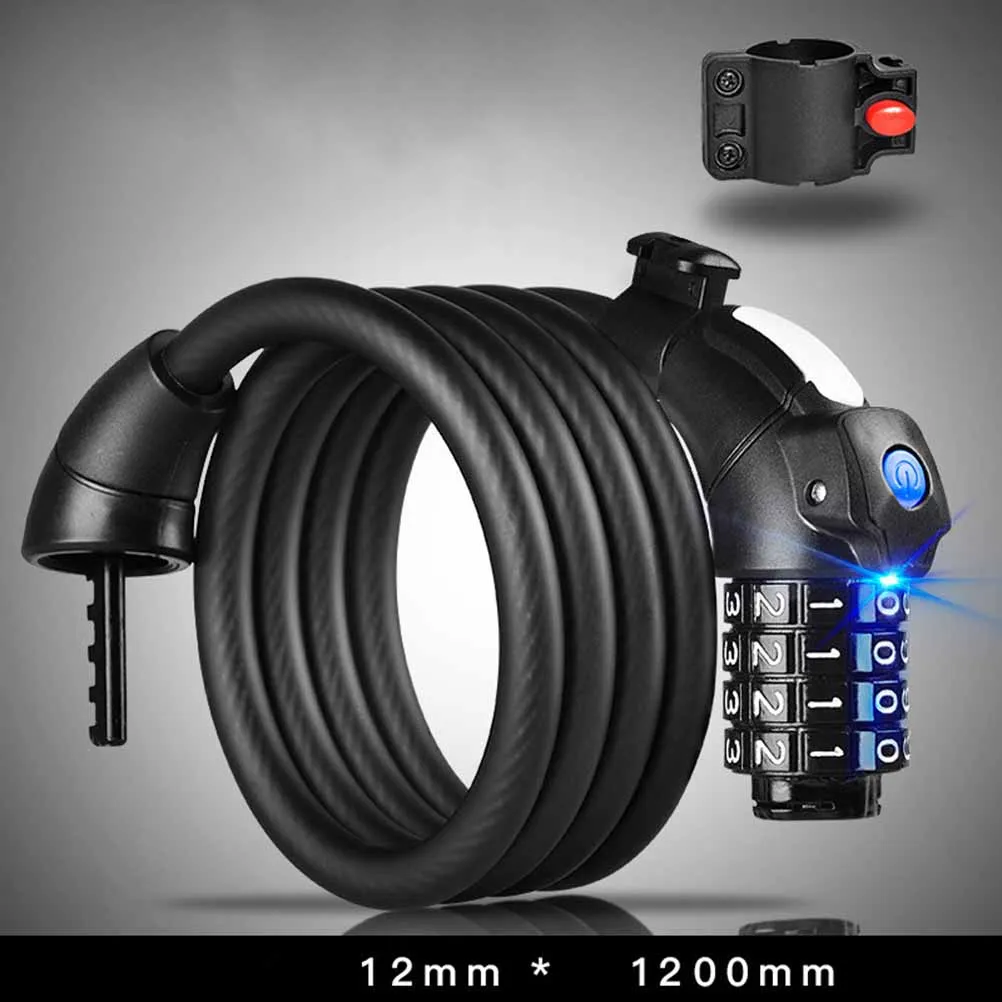 

4 Cycling Heavy Duty 120cm Cable Combination Password Frosted Bike Cable Lock Cable Coded Lock with LED Light (Black)
