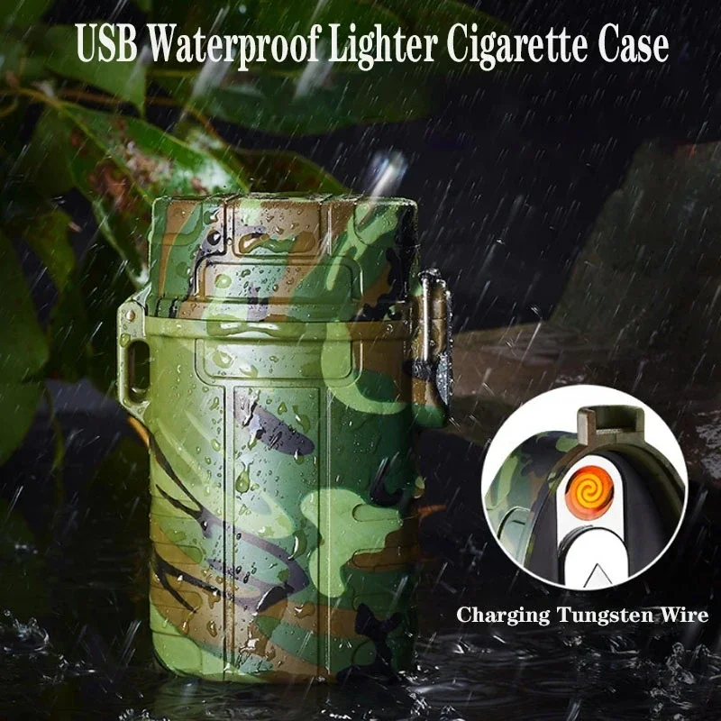 New Waterproof Cigarette Case Holder Windproof USB Rechargeable Lighter Portable Outdoor Survival Tool Lighter for 20pcs Gift