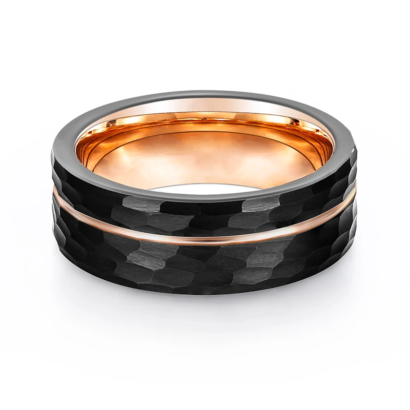 Somen 8mm Tungsten Carbide Diamond Black Gold Color Ring Hammer Pattern Groove Hammered Wedding Band Luxury Ring Comfort Fit