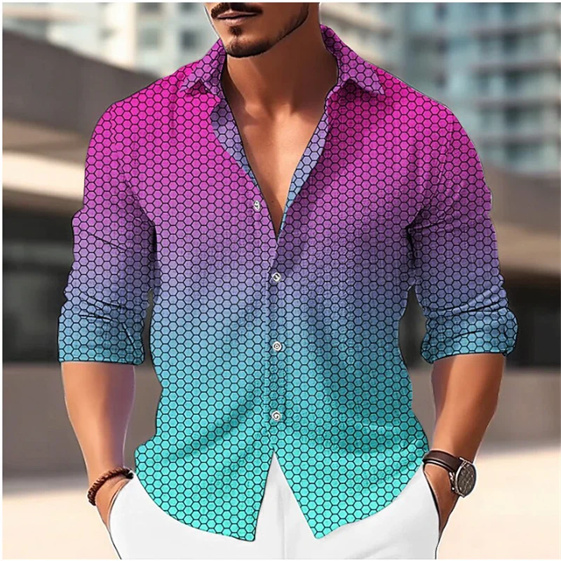 2023 New Men's Shirt Gradient Pattern Printing Red Blue Purple Outdoor Street Long Sleeve Clothing Fashion Dress Designer Casual