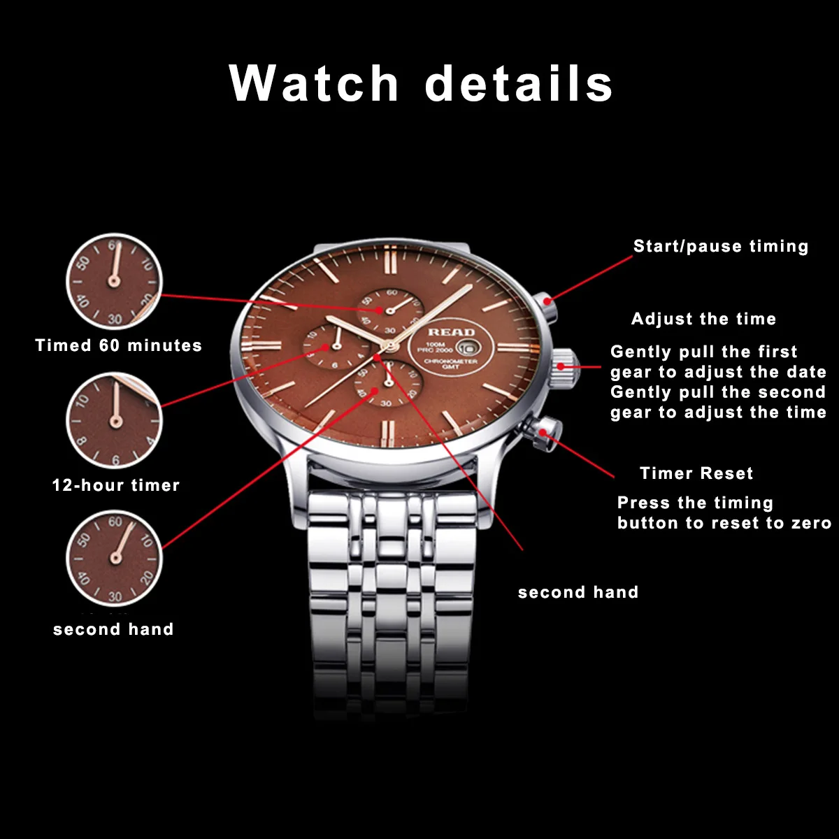 READ Men Quartz Watch | Stainless Steel Case & Band | Hard Glass | Chronograph Calendar | 100M Daily Water Resistant