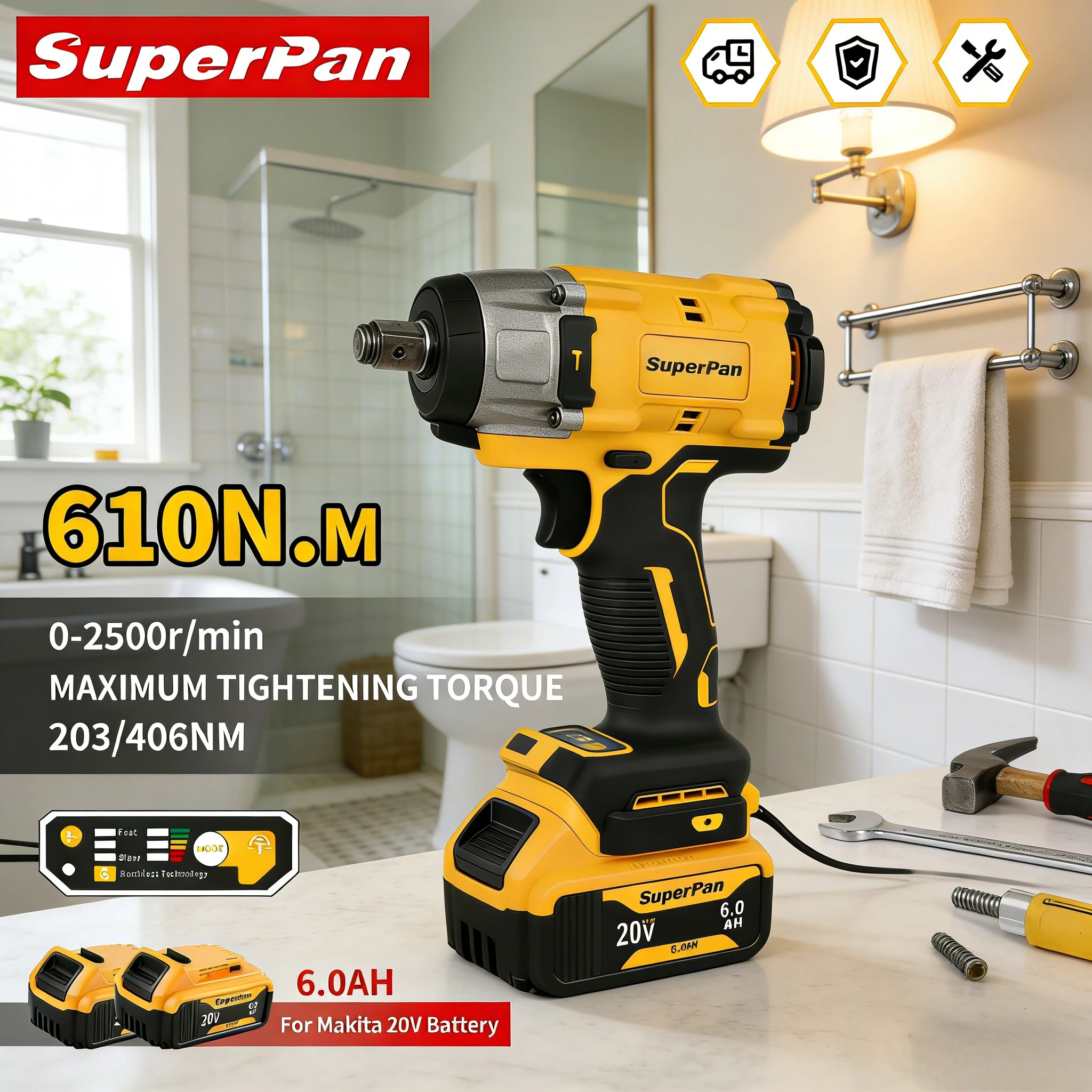 

SuperPan Heavy-Duty Impact Wrench Brushless Motor Anti-Scratch Portable Automotive Repair 20V 610Nm 1/2" Drive for Dewalt