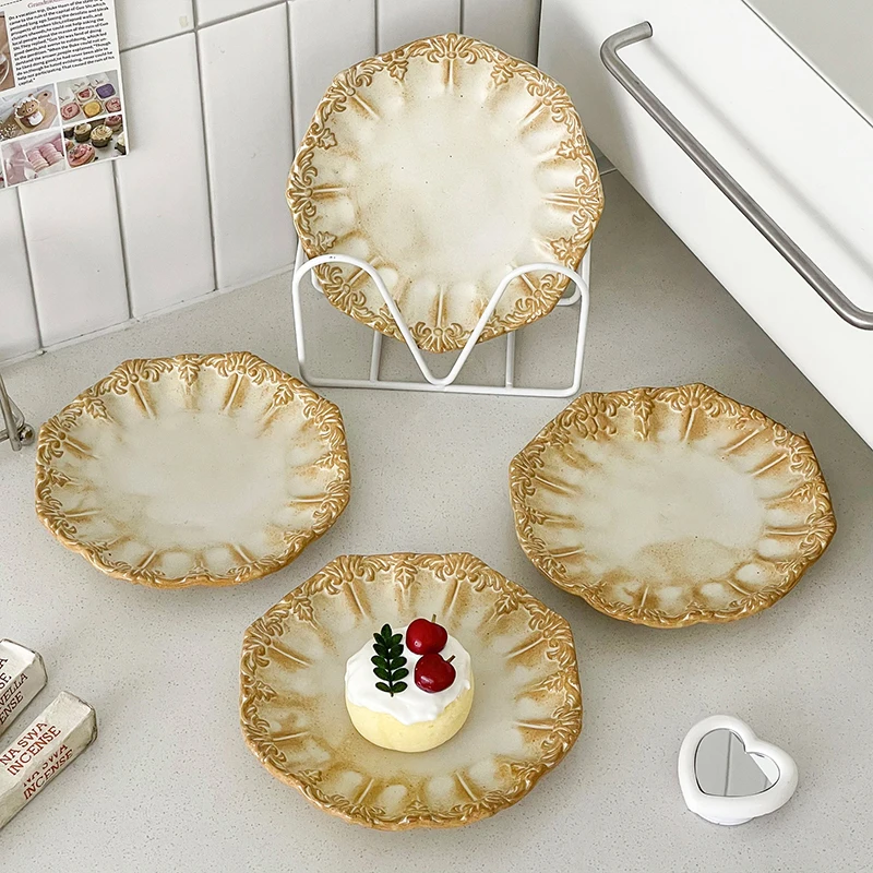 French High-grade Dessert Cake Plates Delicate Afternoon Tea Tableware Household Kiln Transformed Ceramic Dinner Plates