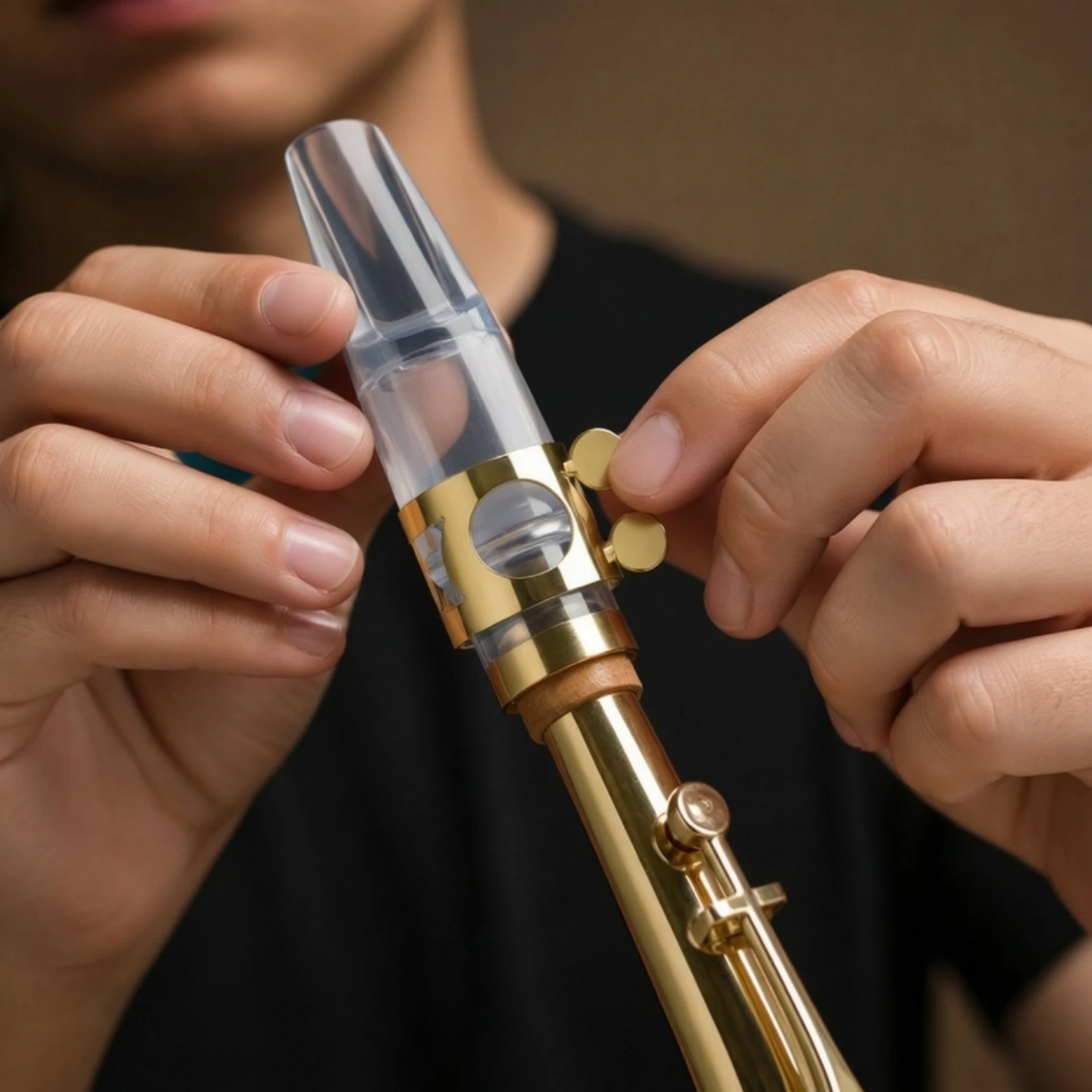 Transparent ABS Alto Saxophone Mouthpiece Gold ABS Sax Mouthpiece with Metal Band Sturdy Practical for Musicians, Music Lessons