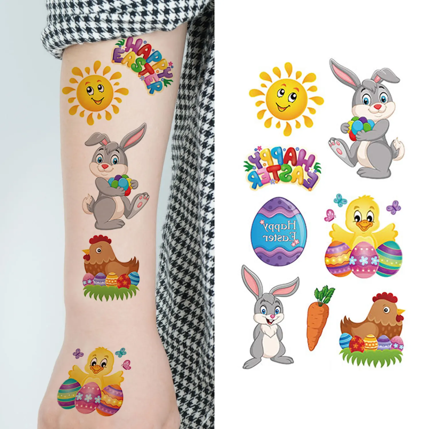 10 أوراق (88 أنماط) ملصقات وشم مؤقت لعيد الفصح الكرتونية، أنماط عنصر بيضة عيد الفصح على شكل أرنب لطيف