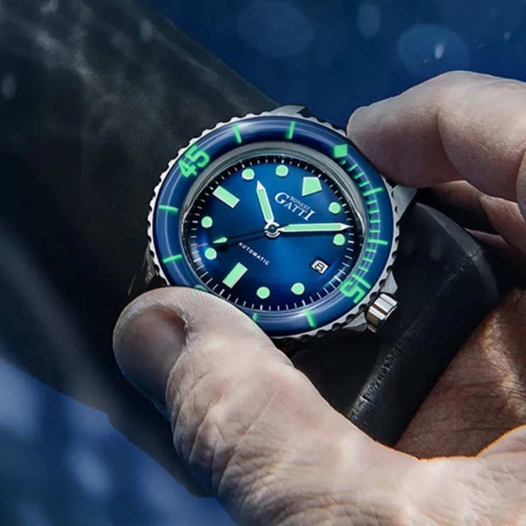 BONEST GATTI Men Automatic Watch 44mm Mechanical Wristwatch Rotatable Sapphire Bezel C3 Luminous Diver 20ATM Waterproof