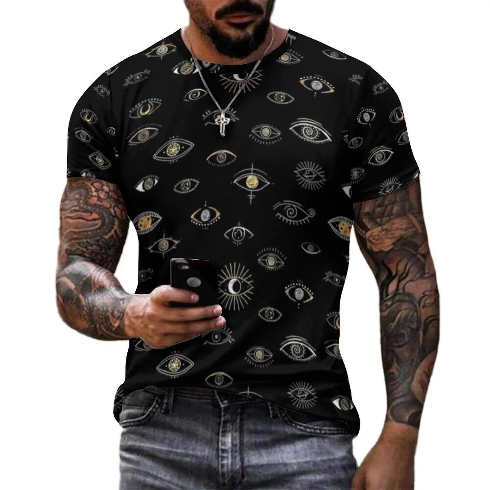 Plus Size T-Shirt Beach Mystic Eyes Night T Shirts Evil Eys Moon Sun Planets Classic O Neck Tshirt Male Fashion Graphic Clothes