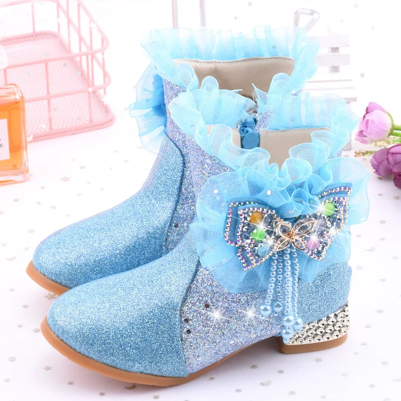 2025 New Fashion Sequins Rhinestone Bow Girls Ankle Booties Winter Warm Children's Snow Boots Mid-tube Kids Princess High Heels
