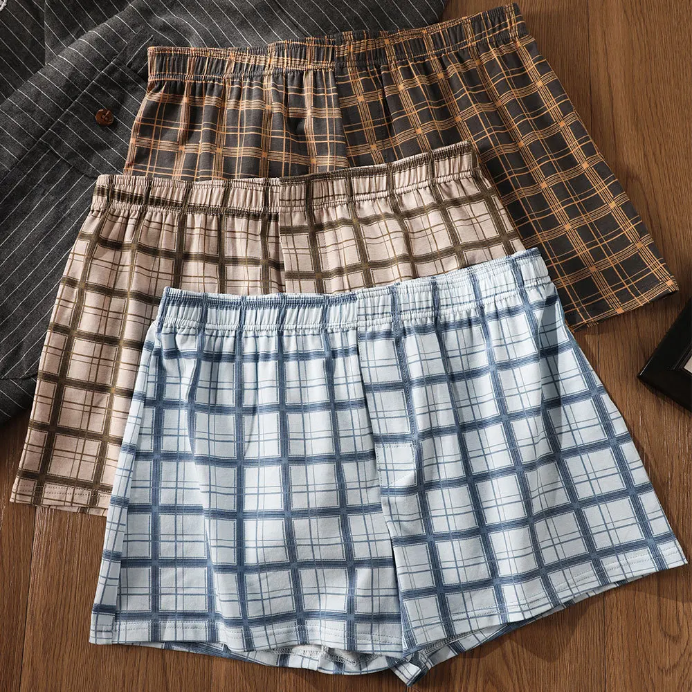 

Men Daily Wear Loose Underwear Cotton Soft Underpants Sleepwear Mid-rise Plaid Breathable Boxer Shorts Comfortable Arrow Pants