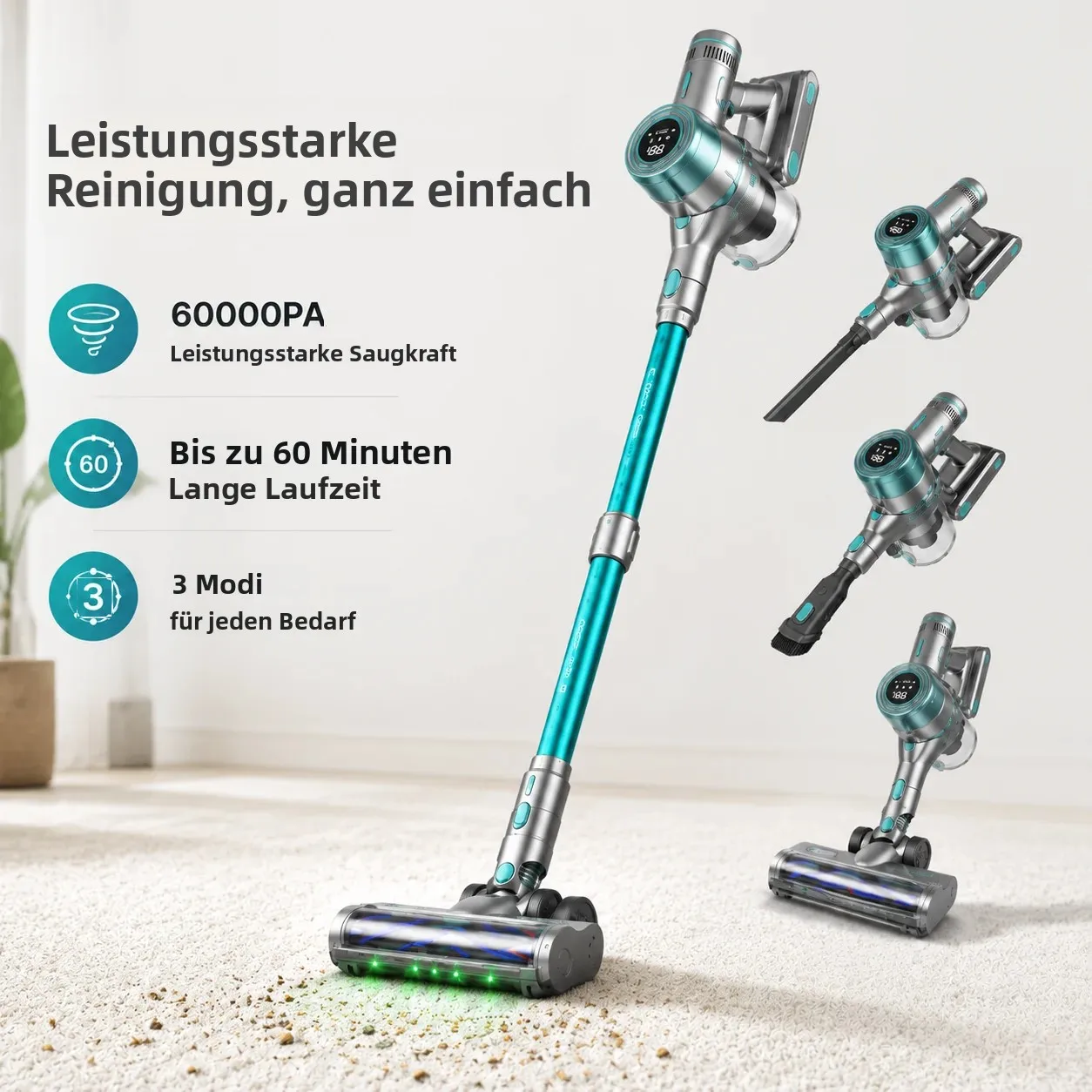 Kabelloser Staubsauger, verbesserte Version der Haushalts-Bodenbürste mit grünem Licht und Anti-Verwickel-Funktion, automatische Stauberkennung, geeignet für Hartholzböden, Teppiche, Fliesen.