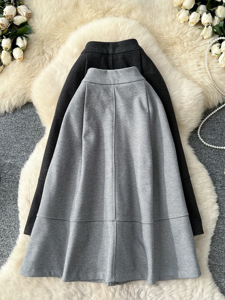 กระโปรงทรงเอเอวสูงสไตล์เกาหลีสำหรับผู้หญิง ดีไซน์ช่วยให้ดูผอมเพรียว ความยาวปานกลาง ผลิตจากเส้นใยโพลีเอสเตอร์ ทรงพอดีตัว