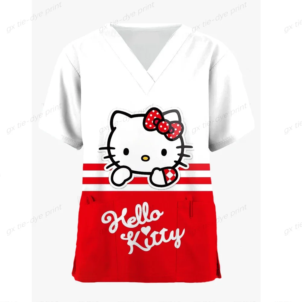 Hello Kitty Print Surgical Uniforms Pharmacy Hospital Nurse Scrubs Tops Breathable Beauty Salon Dentistry Pet Doctor Overalls