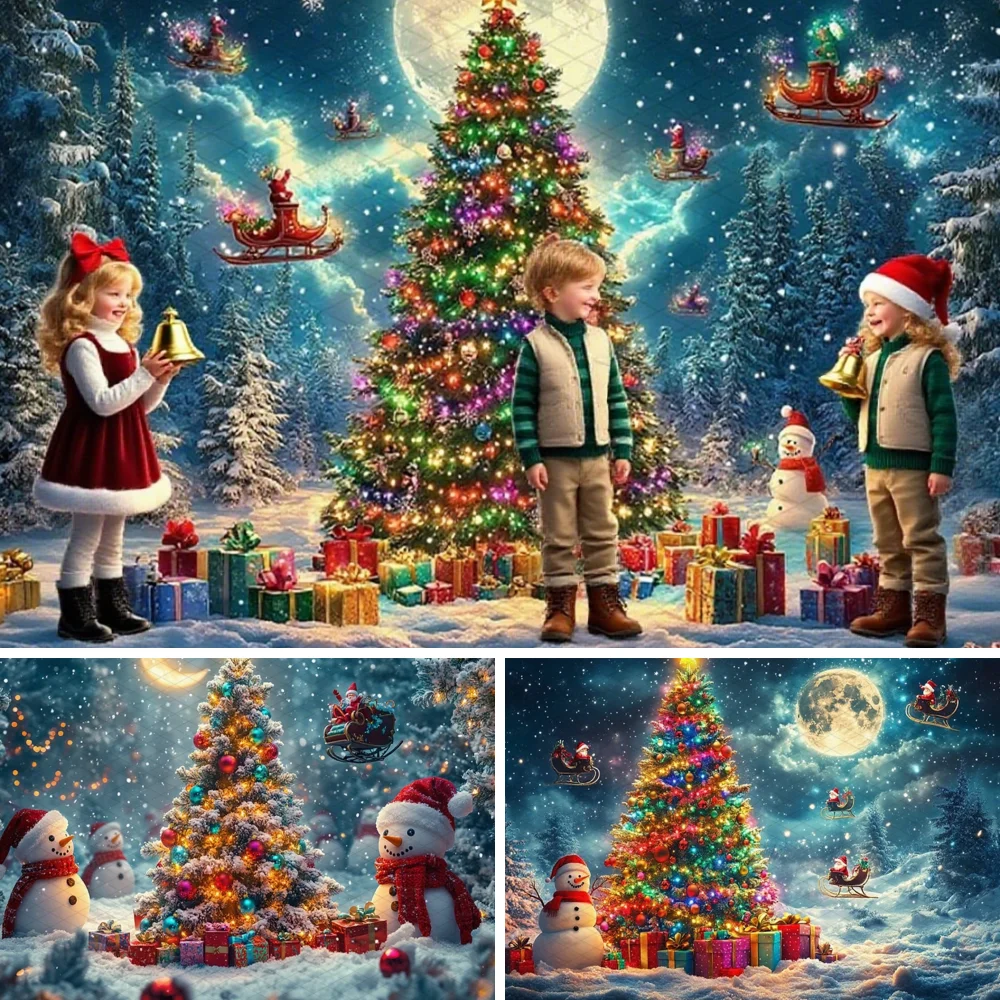 

Big Christmas Tree Photography Background Forest Colorful Lamp Gift Xmas Party Decoration Snowman Santa Claus Photo Backdrop