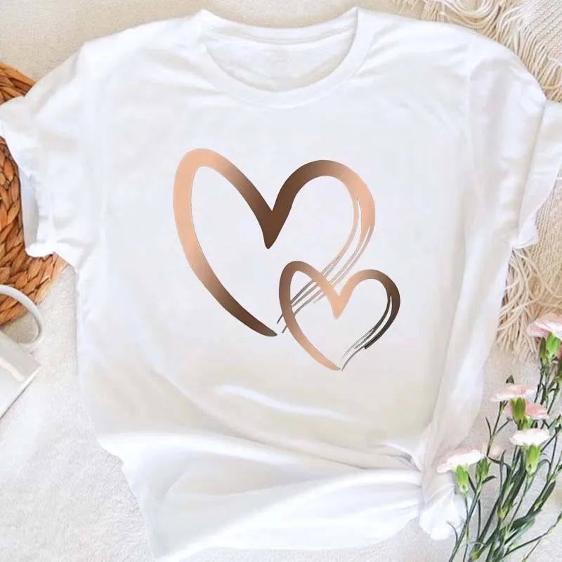 Summer New Fashion Women's Heart Printed T-shirt Trendy Casual Round Neck Top Short Sleeves Women T-shirt Women Clothing image 6