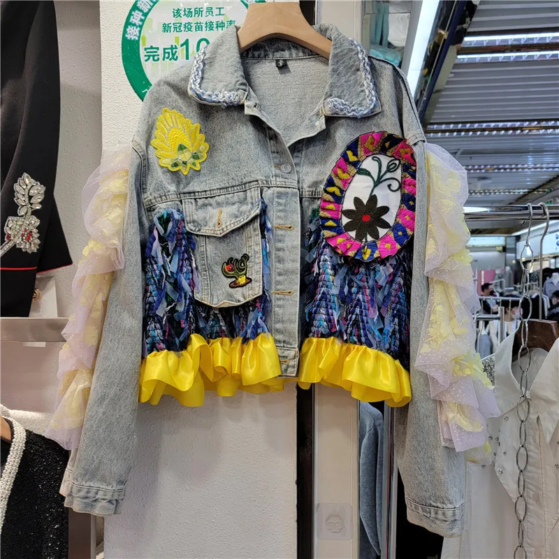 

Harajuku Vintage Embroidery Blue Short Jeans Jacket Women Fashion Fringe Mesh Patchwork Denim Coat Spring Autumn Female Outwear