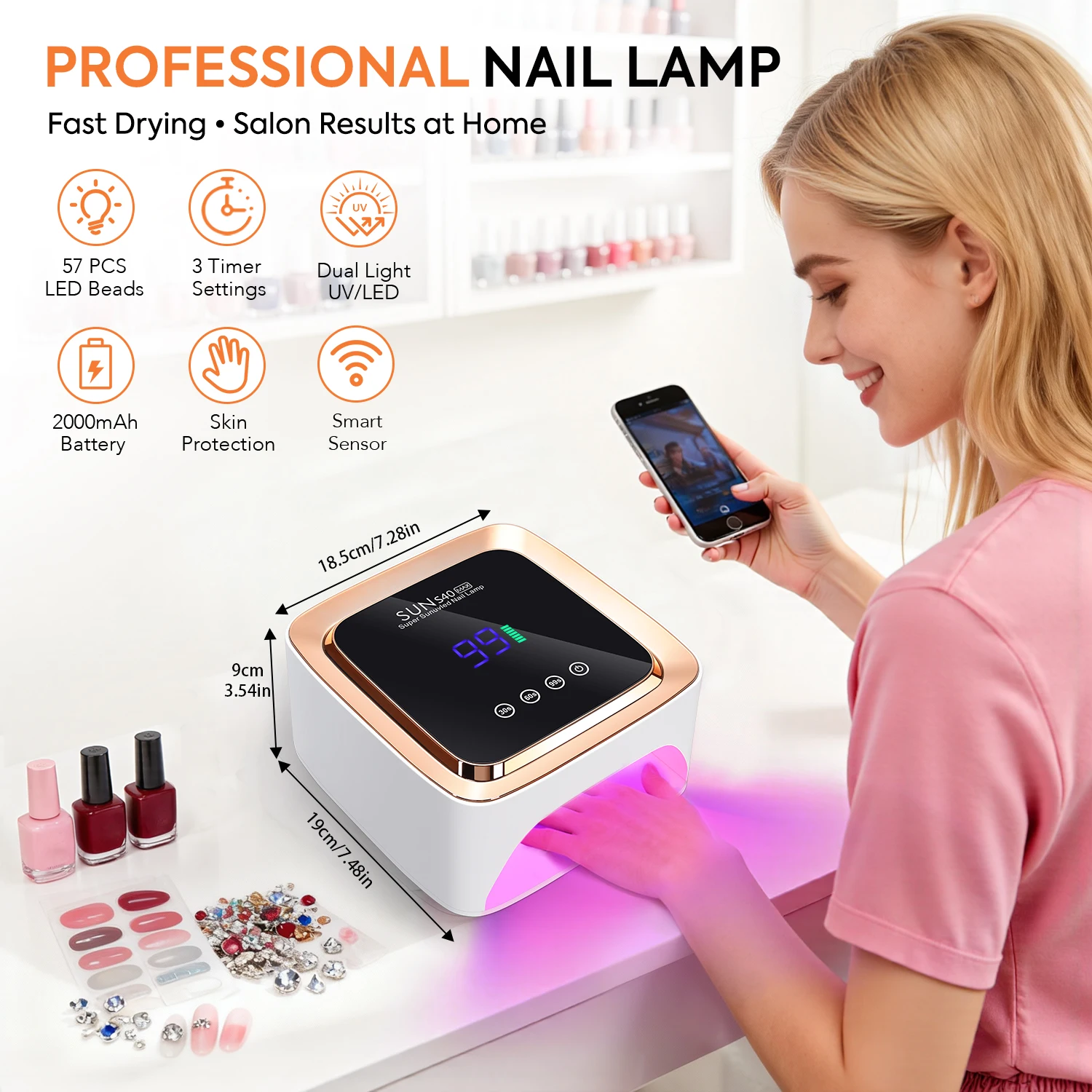 Professional UV LED Nail Lamp 180W with 57 LEDs, Smart Sensor, LED Display, 3 Timer Settings and Removable Base