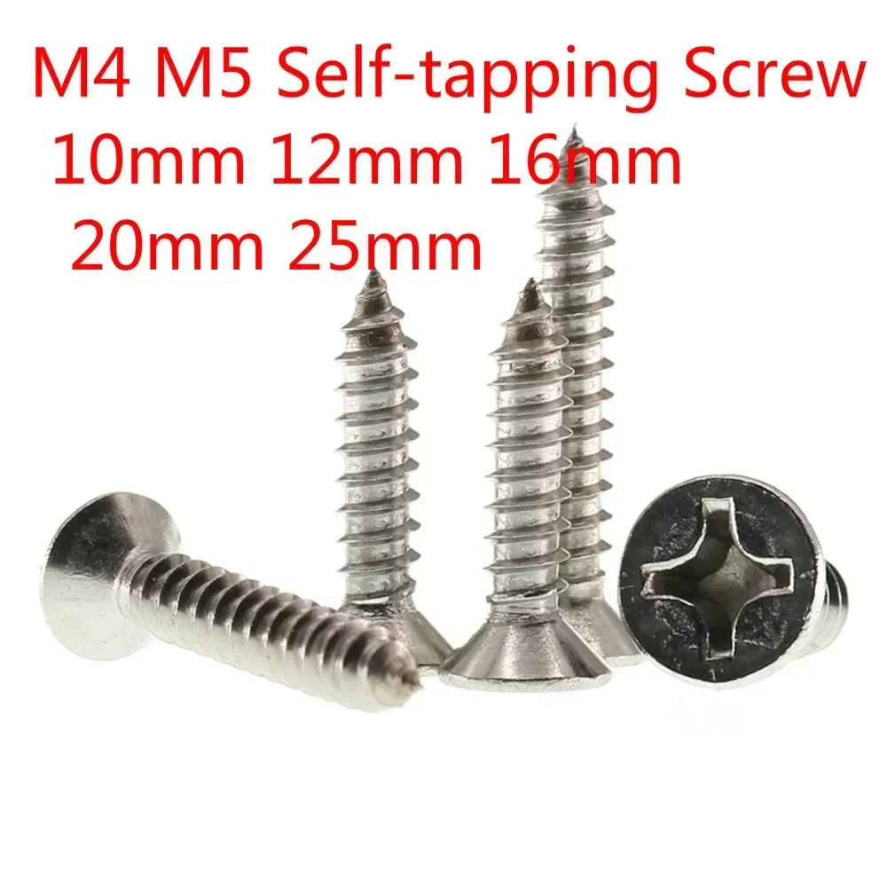 100pcs Wood Screws Self-Tapping M4 M5 Phillips Cross Bolt Countersunk Flat Head 304 Stainless Steel 10-25mm Assorted Sizes