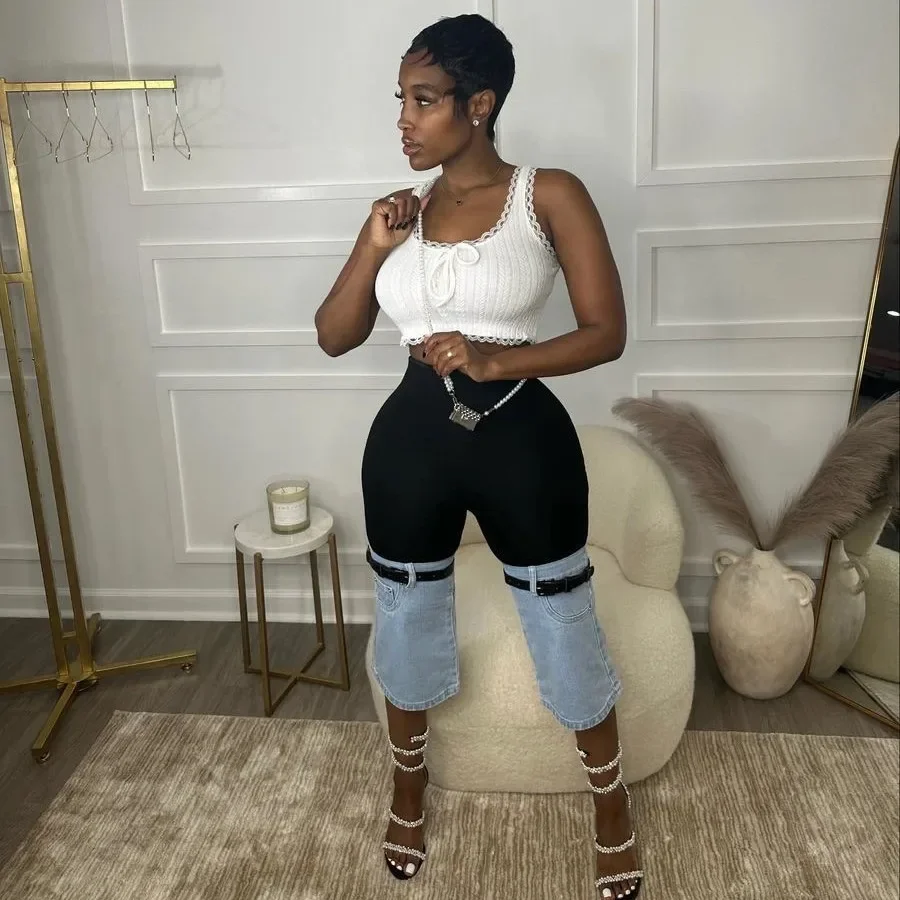 

Jeans Women Straight Pants High Waist Strecth Distressed Pockets Patchwork Denims Vintage Streetwear Calf Length Trousers