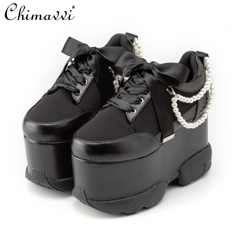 Japanese Style Mine Vintage Pearl Chain Thick Platform Shoes Lolita Casual Women\'s Sneaker Sport Shoes Autumn Winter High Heels