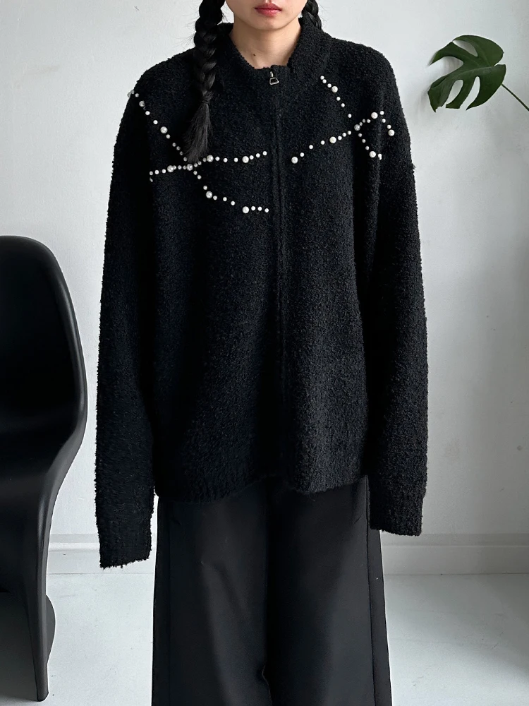 

Женский осенне-зимний кардиган свободного кроя с жемчужной отделкой и молнией, повседневная модная верхняя одежда для города