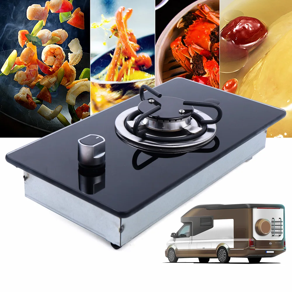 RV Cooktop Built-in Gas Stove, 1-Burner LPG Gas Stove Hob with Tempered Glass, Fit for Boat Caravan RV Camper