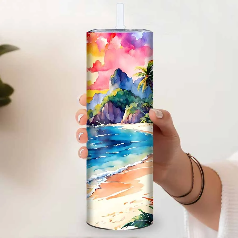 1Pc 3D Print Beach Gulf Tree Sunset Sunshine Tumblers Straw Lid 20oz Skinny Straight Coffee Mugs Stainless Insulated Travel Cups