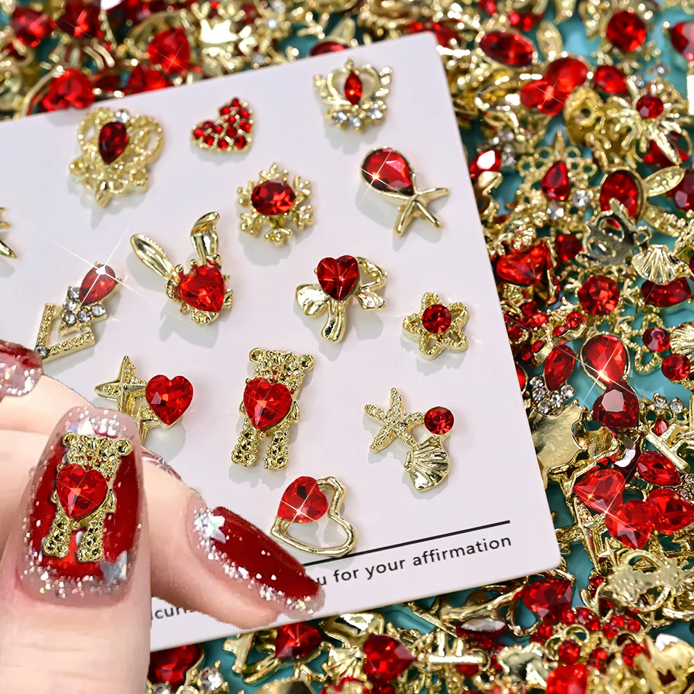 30PCS 3D Red Love Heart Crystal Nail Rhinestones Valentine's Day Luxury Gold Star Bunny Bear Heart Nail Decorations Nail Charms
