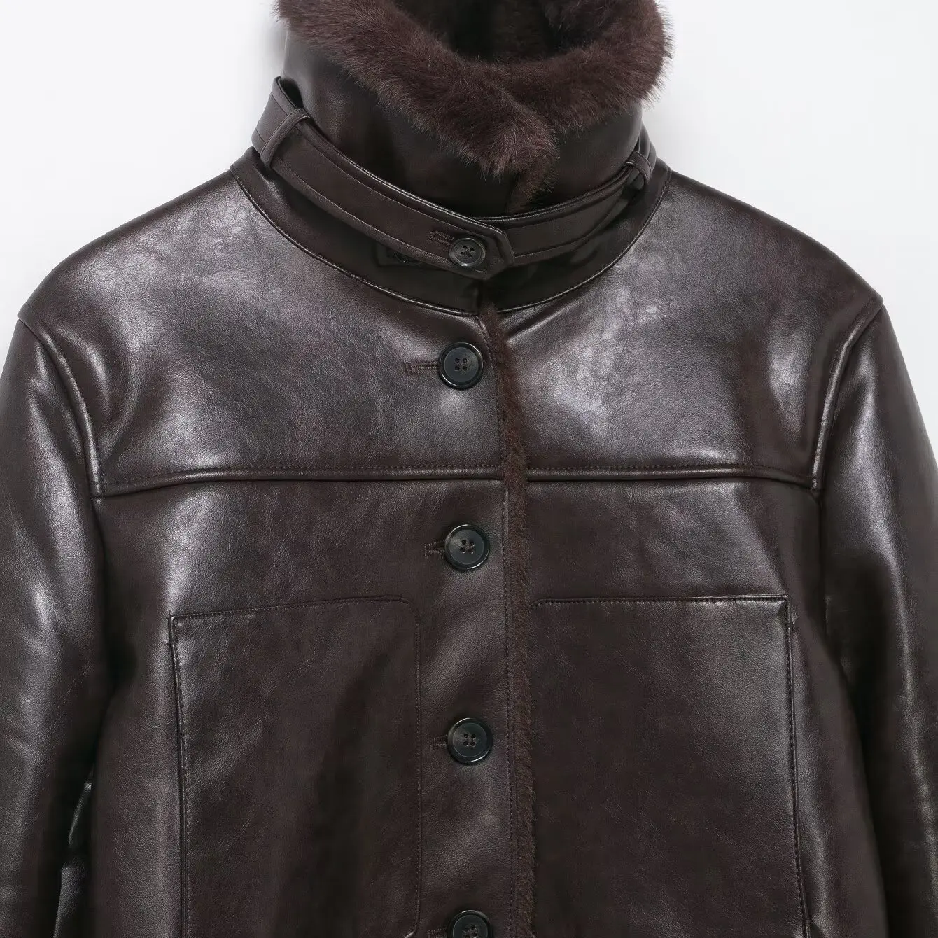 Faionable على الوجهين الفراء الاصطناعي Jaet المرأة ملابس خارجية KASLEAD جديد Sle طويل Sve زر إغلاق ألياف البوليستر #2