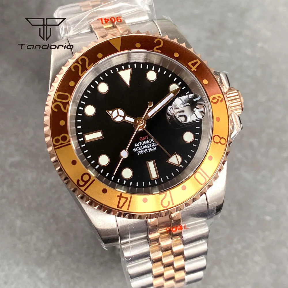 Tandorio NH34 GMT Fashion Men Automatic Steel Watch Dive Two Tone Mechanical Wristwatch Sapphire Crystal Date Rose Gold Luminous