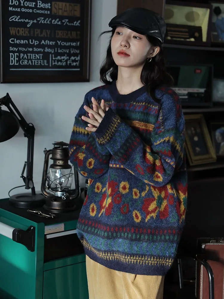 

Синий вязаный свитер, женский свободный свитер Lazy Sle Overhead Cisas, винтажный длинный све с кисточками Fair Isle, круглый, теплый, теплый