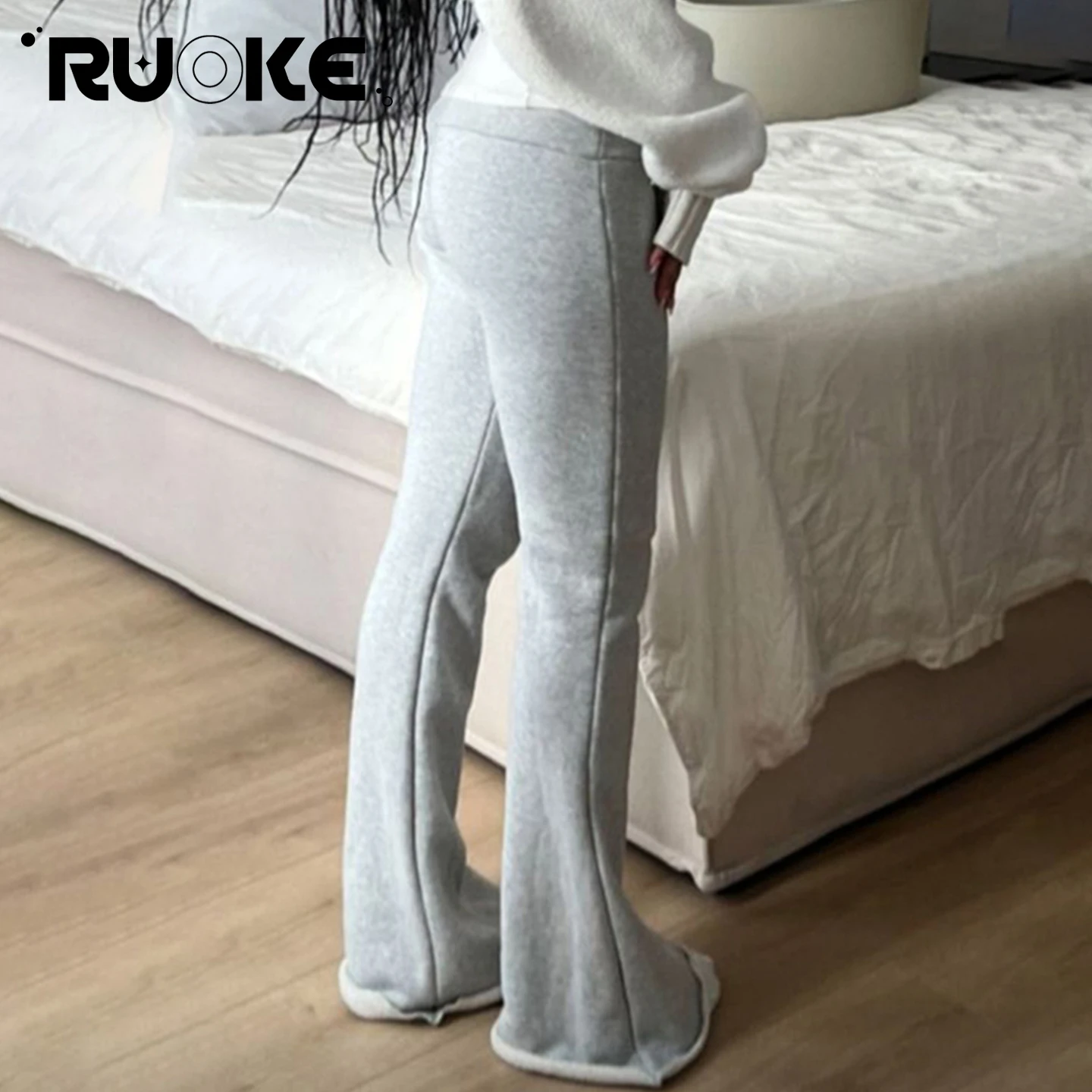 

[RUOKE] Casual Flare Pants Women Spring Summer Slim Fit Bootcut Trousers Streetwear Daily Loungewear Home Outfit All-match Pants