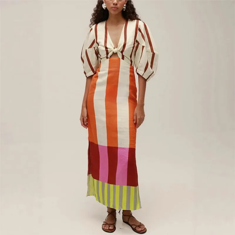 

Pattern Printed Women's Long Dress Summer Vintage Side Split Holiday Dress Low Cut V Neck Puff Sleeves High Waist Slim Fit Dress