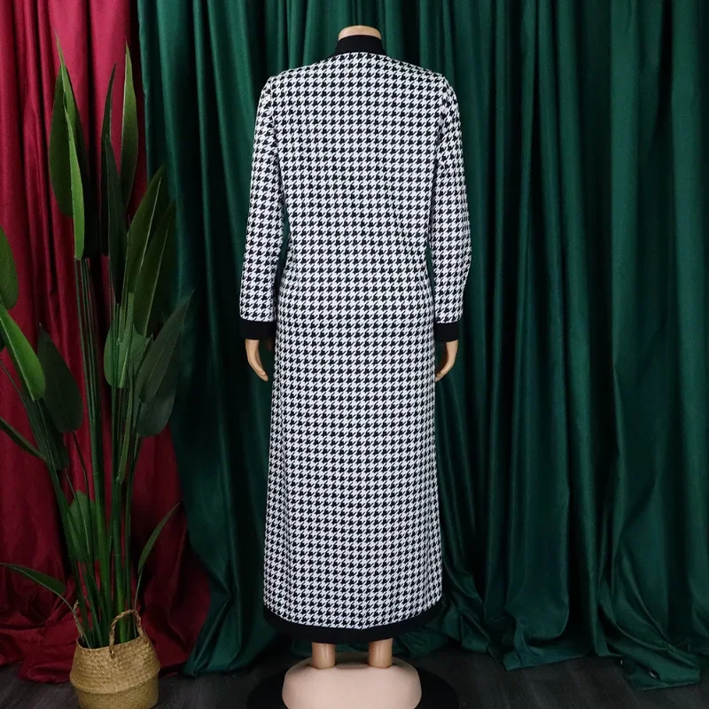 Women Two Piece Houndstooth Printed Dress Suits Long Sleeve Long Cardigans & Tank Dress Set