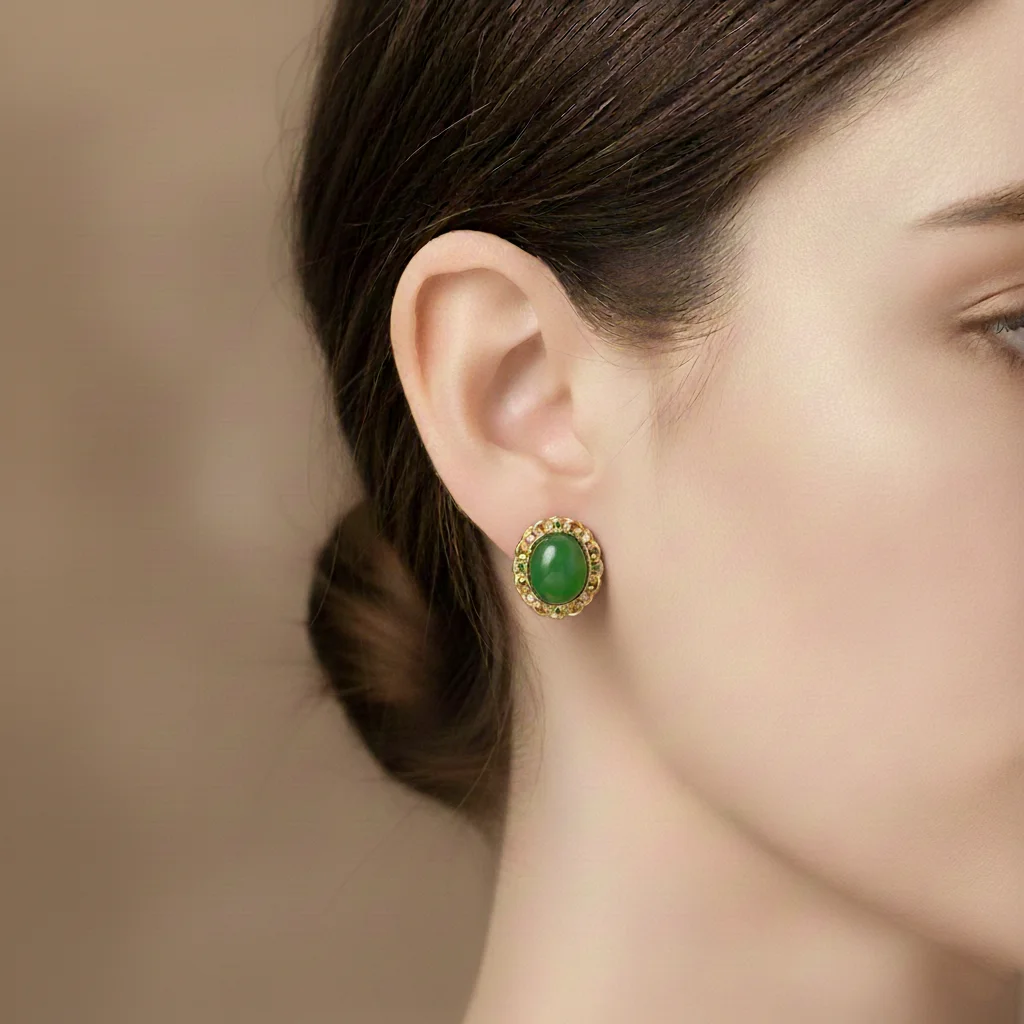 

Natural Jadeite Earrings Women's 18K Gold-Plated Vintage Round Stud Earrings Exquisite Jewelry Gift