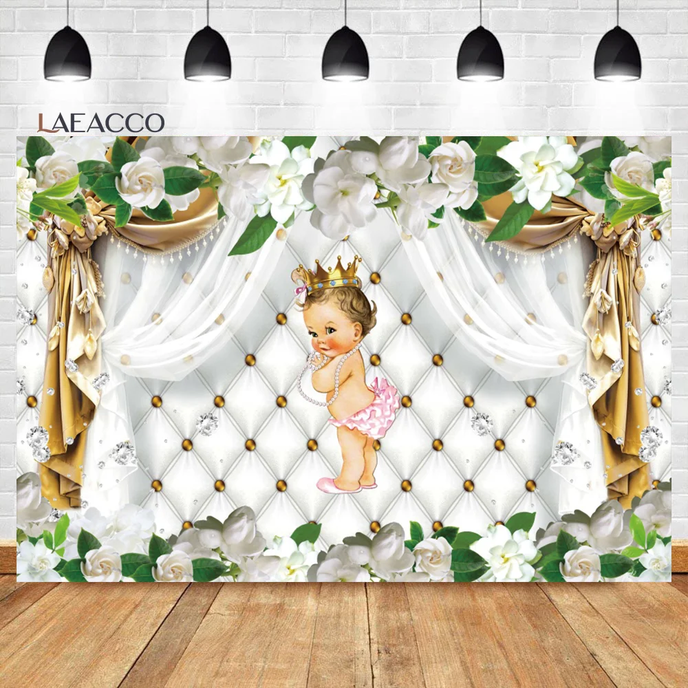 

Laeacco Royal Prince Baby Shower Backdrop Green Boy Gold Crown Floral Gender Reveal Party Child Portrait Photography Background