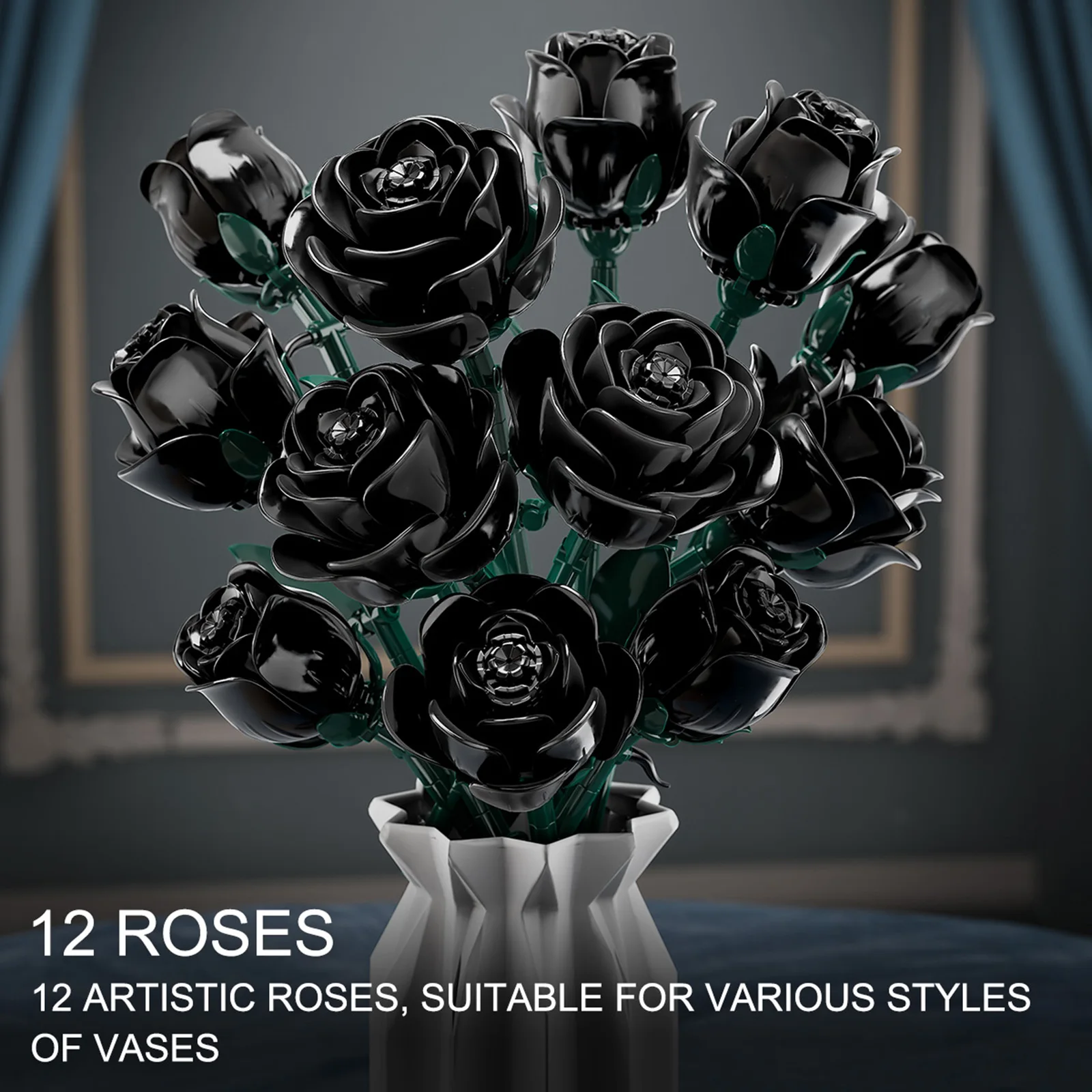 

12Pieces Black Rose Bundle Building Blocks Toys Model Bouquet Assemble Puzzle Bricks Toy Sets For Kid Ornament Gifts