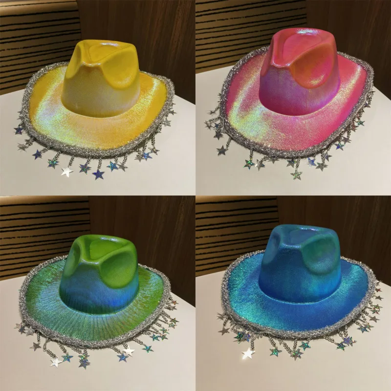 

New Classic Tassel Pearl Party Neon Hat 2024 Halloween Concert Holiday Laser Colorful Holiday Decoration Western Cowboy Hat